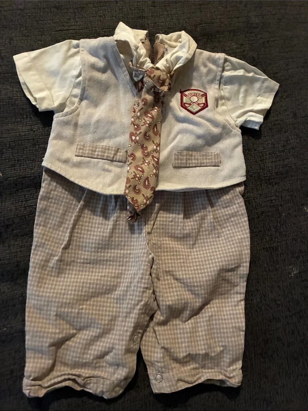 Vintage Boys Golf Romper with tie with checkered pattern